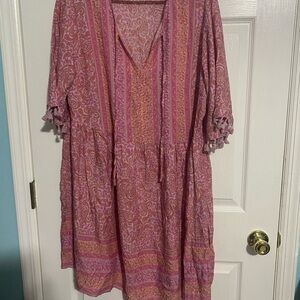 Rusty Dusty Boho Pink Paisley V-Neck Tunic Dress 1XL